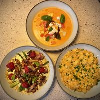 Melon gazpacho, asparagus cream mushroom fruit, fried gnocchi and cream  at Les Mauvaises Herbes in Quebec