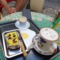 Gâteau de carotte, chaï latte, café at Mireille Café Moderne in Montpellier