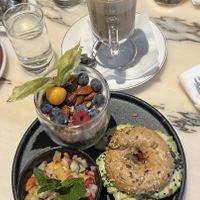 Vitales Trio mit Soja Joghurt + Chai Latte mit Soja Milch  at Cafe Sacher in Salzburg