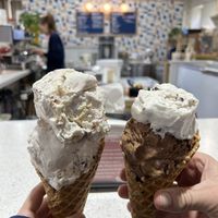 Left cone is birthday cake and lemon something.  at Honey Bear Ice Cream in Harrisburg