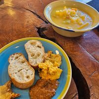 Bread hummus and soup at Café Vida in La Paz