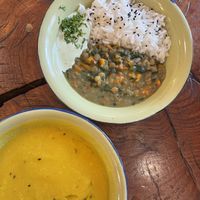 Pumpkin soup (wasn’t very nice) and dal with rice for main (better!)  at Café Vida in La Paz
