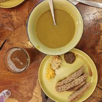 Menu deal dia starters: pumpkin soup, bread and hummus, juice at Café Vida in La Paz