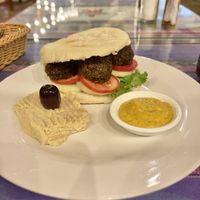 Falafel and pita plate  at La Casa de Bamboo in Huacachina