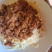 vegan Spagetthi Bolognese with soy meat at La Casa de Bamboo in Huacachina
