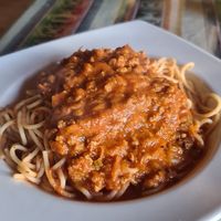 Spaghetti Bolognese with soy protein at La Casa de Bamboo in Huacachina