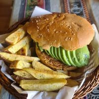 Burger with a chickpea patty at La Casa de Bamboo in Huacachina