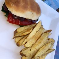 Vegan hummus sandwich and fries  at La Casa de Bamboo in Huacachina