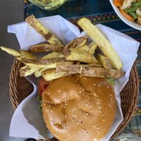 Vegan chickpea burger- very good  at La Casa de Bamboo in Huacachina