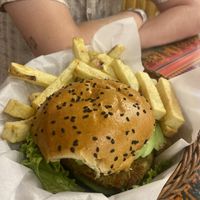 Lentil burger   at La Casa de Bamboo in Huacachina