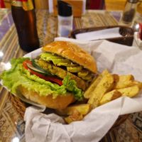Vegan lentil hamburger at La Casa de Bamboo in Huacachina