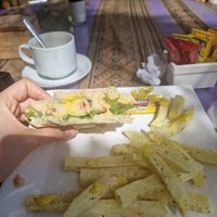 Hummus sandwich at La Casa de Bamboo in Huacachina