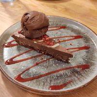 Chocolate torte with vegan ice cream at The Ram Inn bussage in Stroud