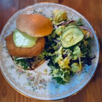 Chick’n Sandwich and side salad  at JUNE in Beaverton