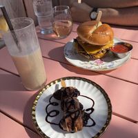 Bacon Wrapped Dates, Double Smash Burger, Beaverton Yacht Club (piña colada)  at JUNE in Beaverton