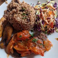 Lentil croquets, rice and beans,coleslaw and plantains at El Nacional  in Panama City