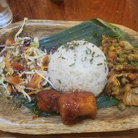 Seiten stew with rice and salad and  caramelized plantains. at El Nacional  in Panama City