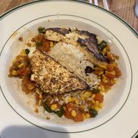 Blackened Tofu on a bed of rice and corn succotash.   at Fixins in Sacramento