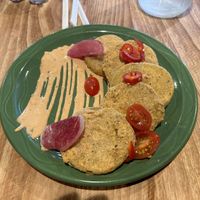 Veganized fried green tomatoes (except the sauce)  at Fixins in Sacramento
