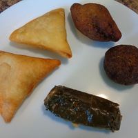 Veggie kibbeh (oval), pumpkin kibbeh (round), stuffed grape leaf, 2 samosas. at YUMMUS in Solon