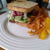 Hummus sandwich and carrot chips at Astro Café Bistro in San Cristobal De Las Casas