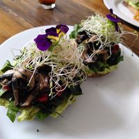 Avocado toast with mushrooms and sprouts at Astro Café Bistro in San Cristobal De Las Casas