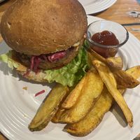 Burger w fries  at Astro Café Bistro in San Cristobal De Las Casas