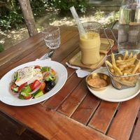 Salad, fries and mango lassi  at PlantLab in Hoi An