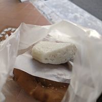 Steamed rice cake on top, fried dough pancake at the bottom  at Pan Cake and Steam Rice Cake Stall in Penang