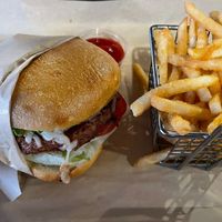 vegan burger (with cheese) and fries   at Cardiff Beach Bar @ Tower 13 in Cardiff