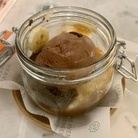 Chocolate brownie sundae with banana, chocolate ice cream and salted caramel sauce   at Heavenly Desserts in Aberdeen