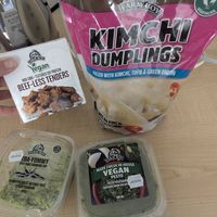 Beefless Tenders, kimchi Dumplings, vegan pesto and vegan kale/ Edamame dip at Farm Boy in Toronto