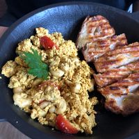 Scrambled cashew tofu with toast. Good! at superplanty in Zagreb