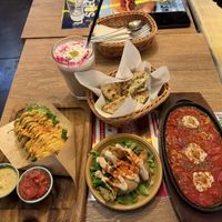 Hot dog (Left) Samosa (Centre) and Shakashuka with Pita (Right)   at Falafel Brothers - Otemachi in Tokyo