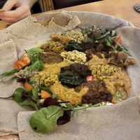 Selection of vegan dishes with injera  at Semhar in Amsterdam