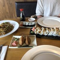 Tofu inari, cucumber maki, tofu and veg Singapore noodles, veg tempura futomaki.  at Osaka Ramen & Bento in Ennis