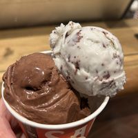 Tried the monthly vegan flavor - chocolate olive oil with sourdough hunks - it was alright. So split scoop with the classic vegan freckled mint.   at Salt & Straw in Roseville