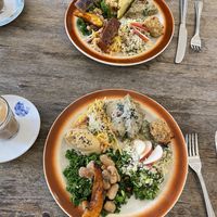 Healthy and GF food (down the bottom) and full vegan plate (at the top of the photo)  at Almanac Cafe in Plymouth