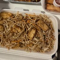 Fried noodles with tofu + vegetables spring rolls  at Asia Imbiss Panda in Mannheim