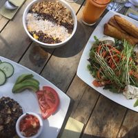Gallo pinto, oatmeal and luv burger casado at Luv Burger in Samara