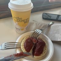 Crumpet with preserves and oat lattee #Veganuary at The Crumpet Shop in Seattle