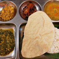 Coconut rice with 4 curries at Krishna Bhavan - 5eme in Paris