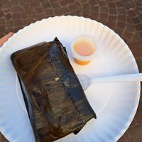 Tamale with carrot sauce at GuanaVeg in Guanajuato