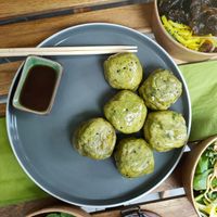 Vegan dumplings (spinach, bamboo, shiitake, soy mince) at Da Mai in Cologne