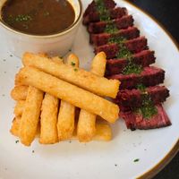 Steak with yukka fries at HAAM - Caribbean Plant Cuisine in Brooklyn