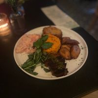 Sunday’s best: baked Mac and cheese pie, yellow rice, potato salad, water cress and majuros.  With the steak too many carbs. Mac and cheese dry and flavourless  at HAAM - Caribbean Plant Cuisine in Brooklyn