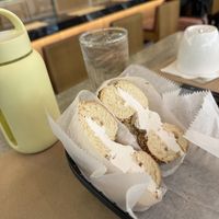 Toasted everything bagel with tofu cream cheese!!!  at LGA - Poppy's Bagels - TC in Queens