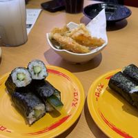 Cucumber roll and tempura  at Sushiro - Shinjuku in Tokyo
