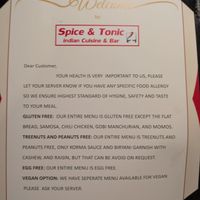 I appreciated this message as a vegan person with family members who have food allergies. at Spice & Tonic - Indian Cuisine & Bar in Minneapolis