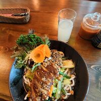 number 176 (vegan duck with Udon noodles) and lychee juice at Saigon Bowl in Berlin
